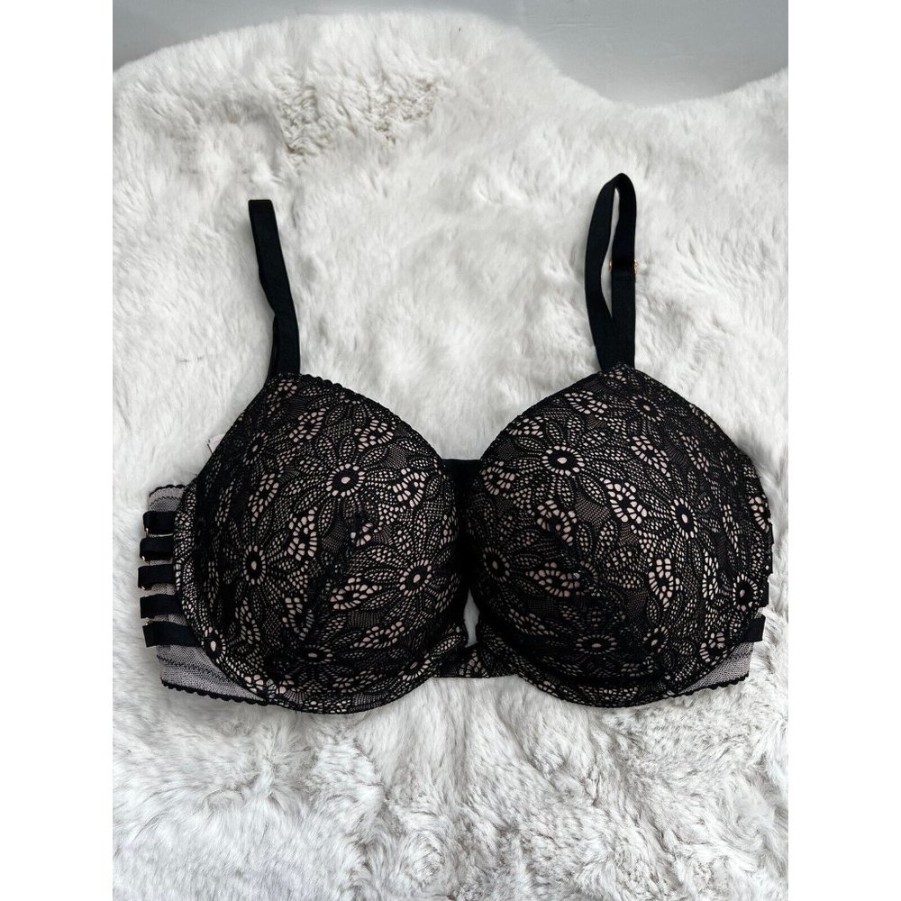 victoria's secret Sexy Push Up Bra Black Pink  Lace Size 32DD 32 DD Strappy EUC